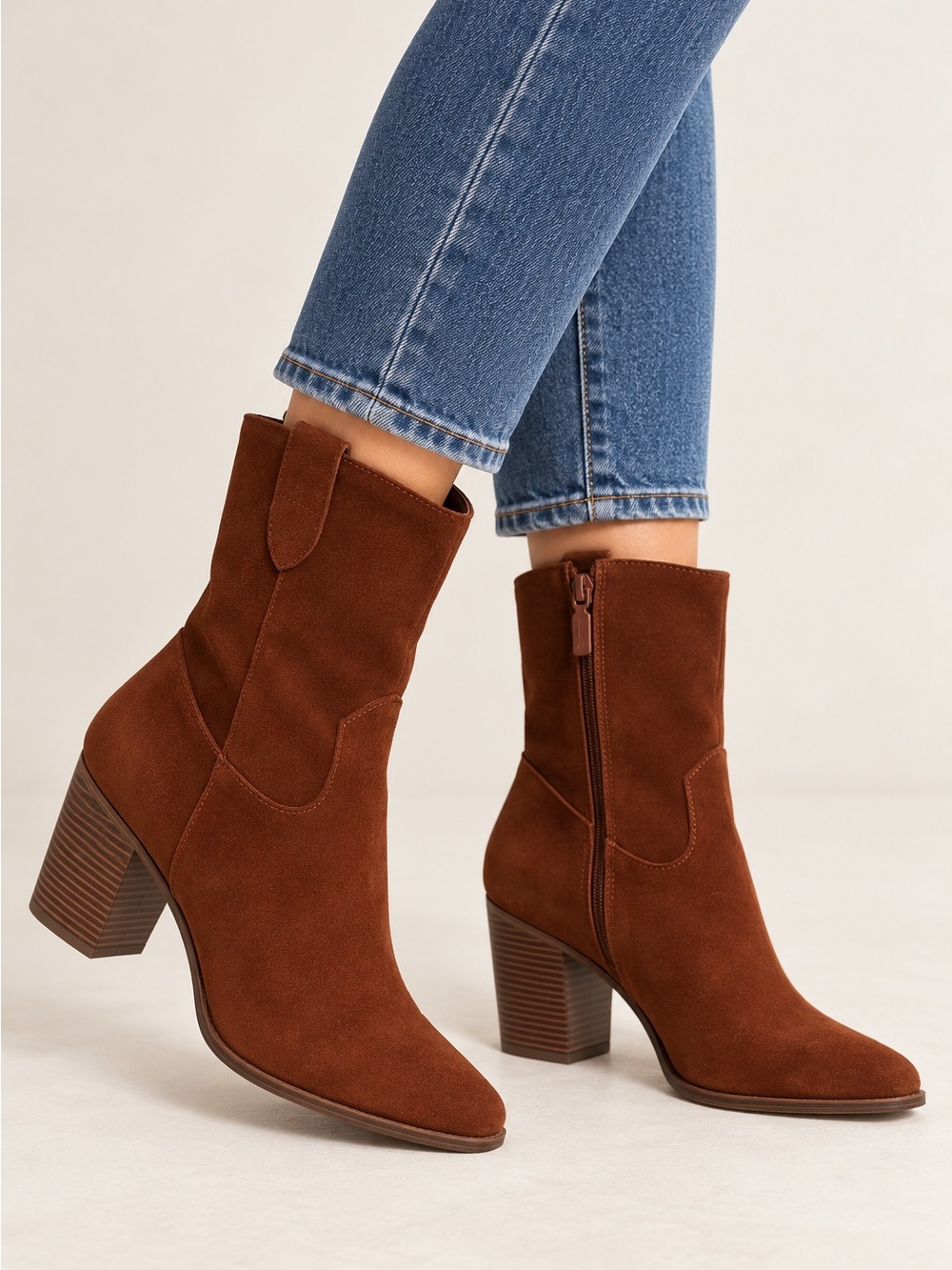 Women’s Brown Suede Mid-Calf Block Heel Ankle Boots